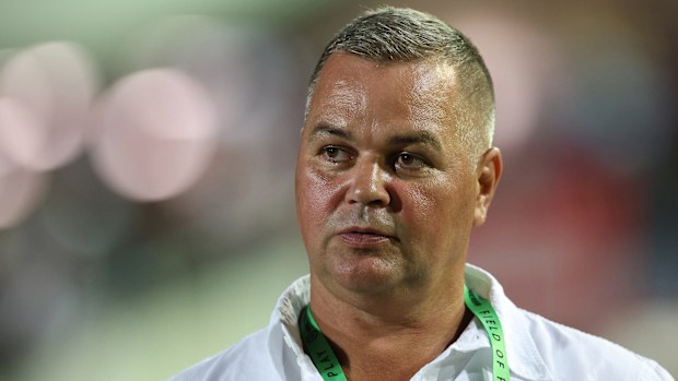 Sea Eagles head coach Anthony Seibold looks on during the round one NRL match between Manly Sea Eagles and North Queensland Cowboys at 4 Pines Park, on March 08, 2025, in Sydney, Australia. (Photo by Cameron Spencer/Getty Images)