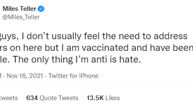 Miles Teller confirms he is vaccinated in Twitter post