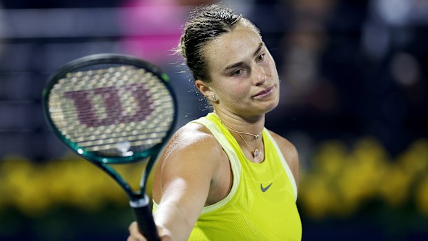Aryna Sabalenka reacts while playing against Clara Tauson in their third-round match at the Dubai Duty Free Tennis Championships.