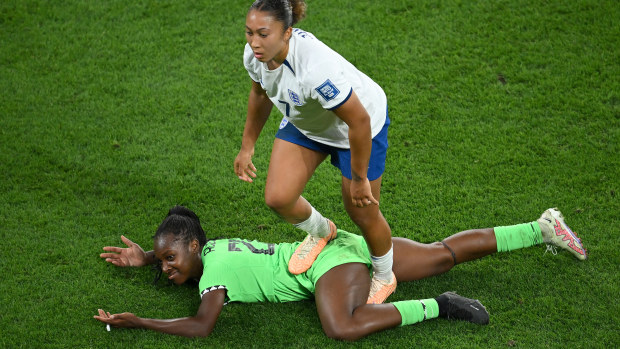 Lauren James of England stamps on Michelle Alozie of Nigeria which later leads to a red card being shown following a Video Assistant Referee review during the FIFA Women's World Cup Australia & New Zealand 2023 Round of 16 match between England and Nigeria at Brisbane Stadium on August 07, 2023 in Brisbane / Meaanjin, Australia. (Photo by Matt Roberts - FIFA/FIFA via Getty Images)