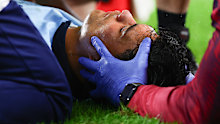 SYDNEY, AUSTRALIA - MAY 09: Joseph-Aukuso Suaalii of the Waratahs is treated by medical staff and fitted with a neck brace during the Super Rugby Pacific match between Waratahs v Queensland Reds at the Allianz Stadium on May 09, 2025 in Sydney, Australia. (Photo by Pete Dovgan/Speed Media/Icon Sportswire via Getty Images)