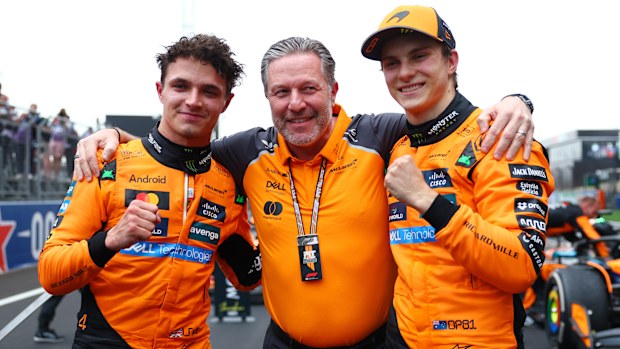 Lando Norris, Zak Brown and Oscar Piastri after the Chinese Grand Prix.