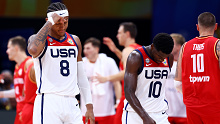 Paolo Banchero (left) and Anthony Edwards (right) of the United States react late in the fourth quarter during the FIBA Basketball World Cup semi-final game against Germany.