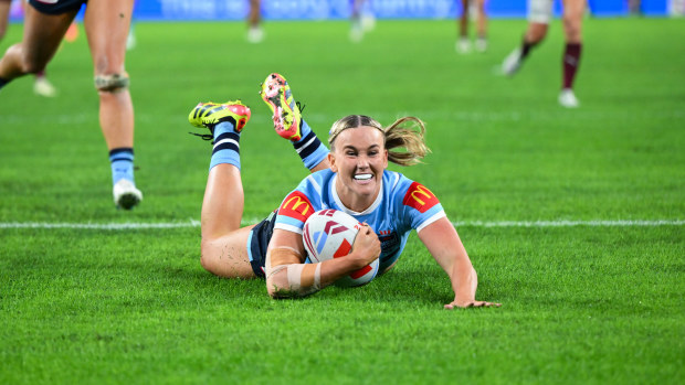 Jaime Chapman ran nearly 80m to score this try for the Sky Blues in the Women's State of Origin series opener.