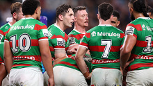 SYDNEY, AUSTRALIA - MARCH 22: Cameron Murray of the Rabbitohs talks to team mates during the round three NRL match between Sydney Roosters and South Sydney Rabbitohs at Allianz Stadium, on March 22, 2024, in Sydney, Australia. (Photo by Cameron Spencer/Getty Images)