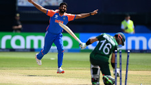 NEW YORK, NEW YORK - JUNE 09: Jasprit Bumrah of India celebrates taking the wicket of Mohammad Rizwan of Pakistan during the ICC Men's T20 Cricket World Cup West Indies & USA 2024 match between India and Pakistan at Nassau County International Cricket Stadium on June 09, 2024 in New York, New York. (Photo by Alex Davidson-ICC/ICC via Getty Images)