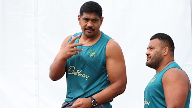 Will Skelton and Taniela Tupou during Wallabies training at Stade Roger Baudras.