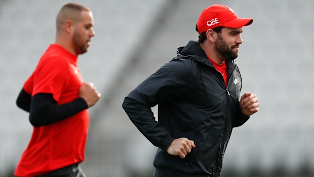 Lance Franklin (left) and Paddy McCartin in action during a Sydney Swans training session.