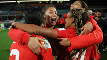 PERTH, AUSTRALIA - AUGUST 03: Morocco players celebrate advancing to the knock out stage after the 1-0 victory in the FIFA Women's World Cup Australia & New Zealand 2023 Group H match between Morocco and Colombia at Perth Rectangular Stadium on August 03, 2023 in Perth, Australia. (Photo by Alex Grimm - FIFA/FIFA via Getty Images)