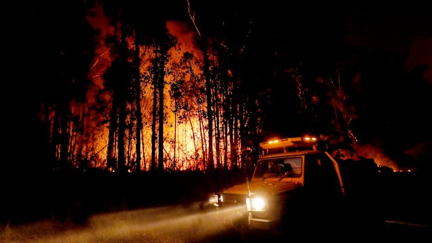 MALLACOOTA, AUSTRALIA - JANUARY 02: DELWP ( The Department of Environment, Land, Water and Planning ) and CFA ( Country Fire Authority ) Crews monitor fires and begin back burns between the towns of Orbost and Lakes Entrance in east Gipplsland  on January 02, 2020 in Australia. The HMAS Choules docked outside of Mallacoota this morning to evacuate thousands of people stranded in the remote coastal town following fires across East Gippsland which have killed one person and destroyed dozens of pro
