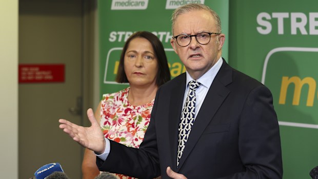 Labor MP for Gilmore, Fiona Phillips and Prime Minister Anthony Albanese at a press conference during a visit to the Batemans Bay Urgent Care Clinic