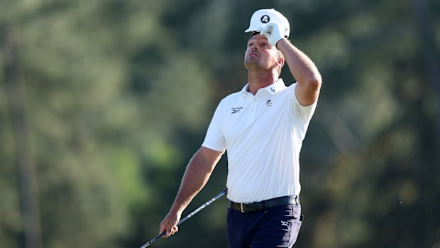 Bryson DeChambeau of the United States reacts on the 18th green during the second round of the 2026 Masters Tournament at Augusta National Golf Club on April 10, 2026 in Augusta, Georgia. (Photo by Andrew Redington/Getty Images)