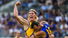 PERTH, AUSTRALIA - APRIL 14: Harley Reid of the Eagles celebrates a goal during the 2024 AFL Round 05 match between the West Coast Eagles and the Richmond Tigers at Optus Stadium on April 14, 2024 in Perth, Australia. (Photo by Daniel Carson/AFL Photos via Getty Images)
