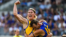 PERTH, AUSTRALIA - APRIL 14: Harley Reid of the Eagles celebrates a goal during the 2024 AFL Round 05 match between the West Coast Eagles and the Richmond Tigers at Optus Stadium on April 14, 2024 in Perth, Australia. (Photo by Daniel Carson/AFL Photos via Getty Images)