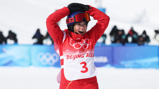 Team China's Eileen Gu reacts after winning her medal during the women's freestyle skiing freeski slopestyle final.