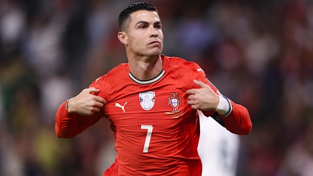 LISBON, PORTUGAL - OCTOBER 14: Cristiano Ronaldo of Portugal celebrates his goal during the FIFA World Cup 2026 qualifier match between Portugal and Hungary at Estádio José Alvalade on October 14, 2025 in Lisbon, Portugal. (Photo by Miguel Lemos/Eurasia Sport Images/Getty Images)