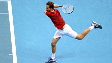 Daniil Medvedev of Russia plays a backhand.