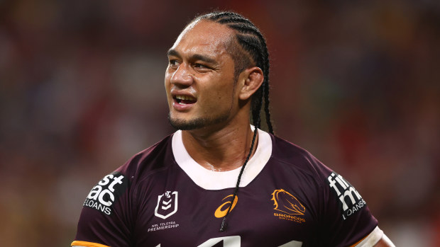 Martin Taupau of the Broncos looks on during the round six NRL match between Brisbane Broncos and Canberra Raiders at Suncorp Stadium on April 08, 2023 in Brisbane, Australia. (Photo by Chris Hyde/Getty Images)