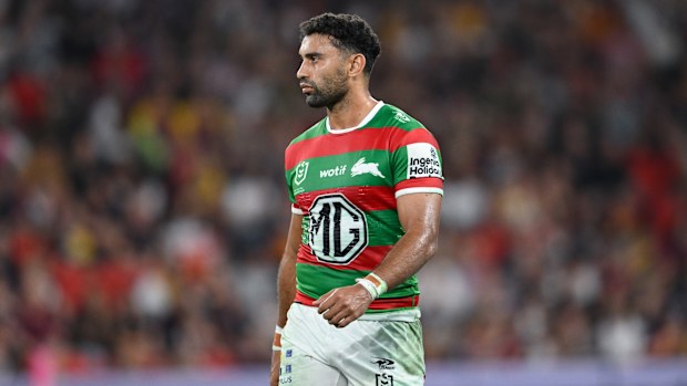 Alex Johnston of the South Sydney Rabbitohs in action against the Brisbane Broncos.