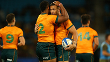 Samu Kerevi and Quade Cooper of the Wallabies celebrate a try during the Rugby Championship.