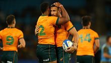 Samu Kerevi and Quade Cooper of the Wallabies celebrate a try during the Rugby Championship.