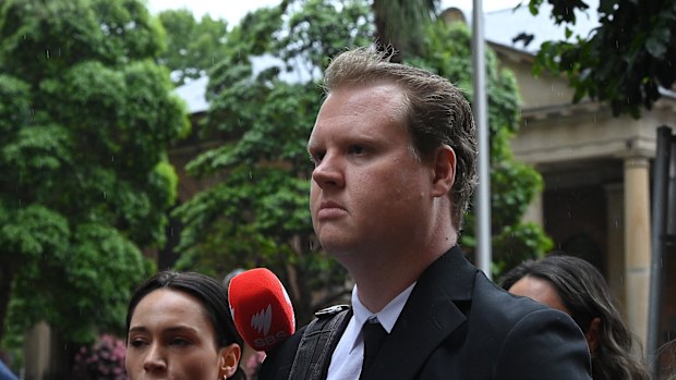 Senior Constable Kristian White leaves the NSW Supreme Court in Sydney after his detention application was adjourned. White was found guilty of the Taser manslaughter of 95-year-old Clare Nowland. Sydney, NSW. November 28, 2024. Photo: Kate Geraghty