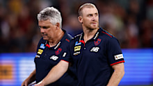Simon Goodwin, Senior Coach of the Demons looks dejected after a loss during the match between the Melbourne Demons and the Essendon Bombers at Adelaide Oval.