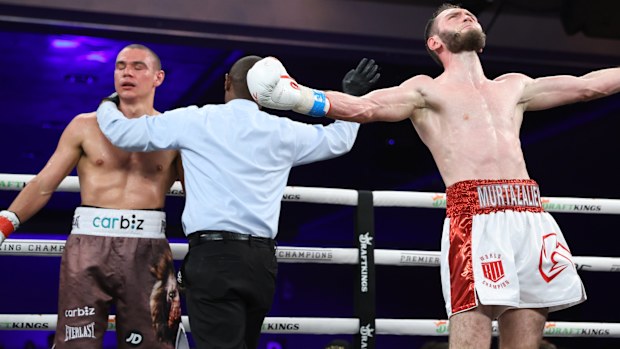 Bakhram Murtazaliev celebrating after defeating Tim Tszyu by TKO.
