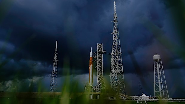 The NASA moon rocket stands on Pad 39B before the Artemis 1 mission to orbit the moon at the Kennedy Space Center, Friday, Sept. 2, 2022, in Cape Canaveral, Fla. (AP Photo/Brynn Anderson)