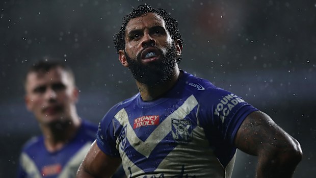 Josh Addo-Carr of the Bulldogs looks on during the round 16 match between the Bulldogs and the Sharks.