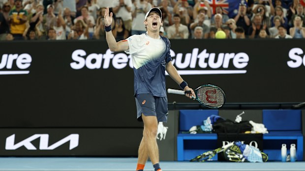 Alex de Minaur of Australia celebrates winning against Botic van de Zandschulp.