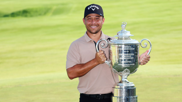 Xander Schauffele of the United States poses with the Wanamaker Trophy after winning the final round of the 2024 PGA Championship at Valhalla Golf Club on May 19, 2024 in Louisville, Kentucky. (Photo by Patrick Smith/Getty Images)