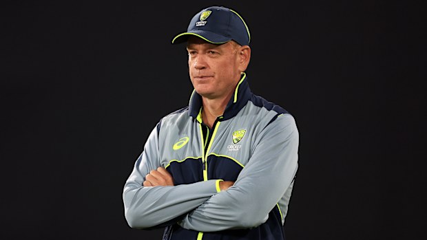 Andrew McDonald watches his team during a nets session.