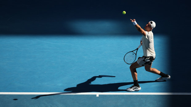 Thanasi Kokkinakis of Australia serves in their round one singles match against Sebastian Ofner of Austria during the 2024 Australian Open at Melbourne Park on January 16, 2024 in Melbourne, Australia. (Photo by Daniel Pockett/Getty Images)
