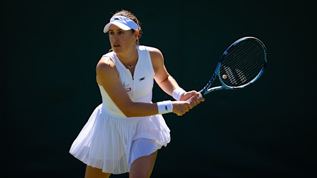 Kimberly Birrell of Australia in action against Donna Vekic of Croatia in the first round on Day One of The Championships Wimbledon 2025 at All England Lawn Tennis and Croquet Club on June 30, 2025 in London, England (Photo by Robert Prange/Getty Images)