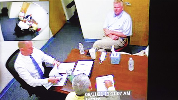 Evidence is shown during Alex Murdaugh's trial for murder at the Colleton County Courthouse in Walterboro, S.C., on Wednesday, Feb. 15, 2023. The 54-year-old attorney is standing trial on two counts of murder in the shootings of his wife Maggie and son Paul at their Colleton County, S.C., home and hunting lodge on June 7, 2021. (Joshua Boucher/The State via AP, Pool)