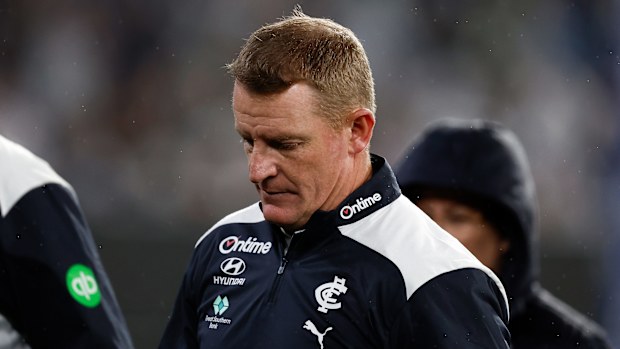Michael Voss, Senior Coach of the Blues looks on during the 2025 AFL Round 04 match between the Collingwood Magpies and the Carlton Blues