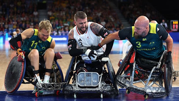 Great Britain's Robison Stuart is tackled by Australia's Ryley Batt during the bronze medal match at Paris 2024.