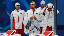 Members of team China are seen before the men's 4x100m medley relay final of swimming at the Tokyo 2020 Olympic Games.