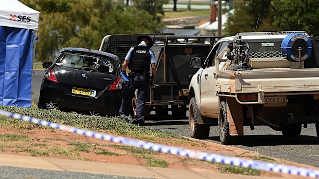 The black suzuki swift car with blown out rear window where a woman and a man were shot on Bokhara Street in Lake Cargelligo.
