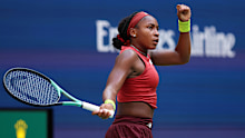 Coco Gauff of the United States reacts after a point against Caroline Wozniacki of Denmark during their women's singles fourth round match on day seven of the US Open.