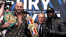 Tyson Fury (left) and Dillian Whyte during a press conference at Wembley Stadium, London. Picture date: Wednesday April 20, 2022. (Photo by Nick Potts/PA Images via Getty Images)