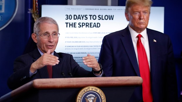 President Donald Trump listens as Dr. Anthony Fauci, director of the National Institute of Allergy and Infectious Diseases, speaks about coronavirus on March 31, 2020.
