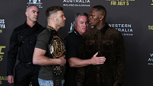PERTH, AUSTRALIA - JULY 03: Dricus du Plessis - UFC middleweight champion and Israel Adesanya - No.2 UFC middleweight stare off during the UFC 305 On Sale Press Conference on July 03, 2024 in Perth, Australia. (Photo by Will Russell/Zuffa LLC)