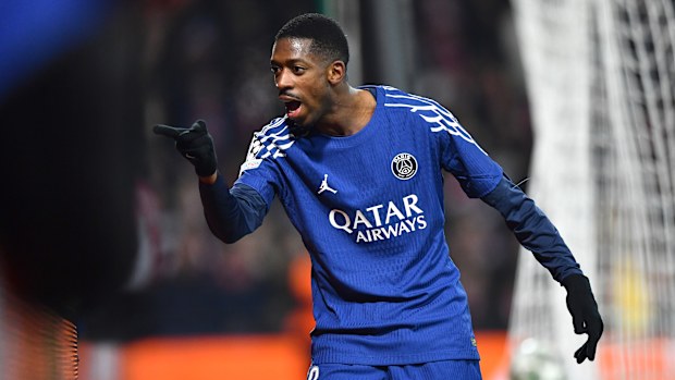 Ousmane Dembele of Paris Saint-Germain celebrates scoring his team's third goal.