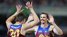 BRISBANE, AUSTRALIA - SEPTEMBER 09: Joe Daniher of the Lions celebrates a goal during the 2023 AFL Second Qualifying Final match between the Brisbane Lions and the Port Adelaide Power at The Gabba on September 09, 2023 in Brisbane, Australia. (Photo by Russell Freeman/AFL Photos via Getty Images)