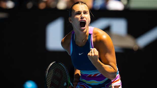 Aryna Sabalenka of Belarus in action against Belinda Bencic of Switzerland.