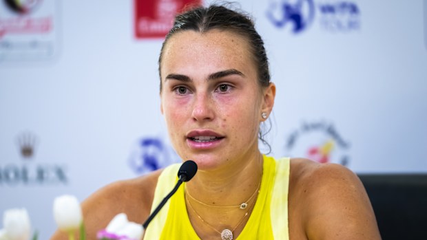 Aryna Sabalenka speaks to media after crashing out in Dubai.