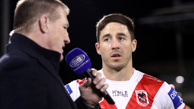 Ben Hunt is interviewed by Paul Gallen after the Dragons' round 17 loss to the Warriors.