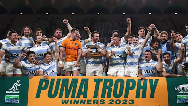 The Pumas celebrate at CommBank Stadium.